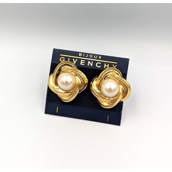 Vintage Givenchy Gold Tone Faux Pearl Statement Clip On Earrings 80's Marked - Picture 4 of 15